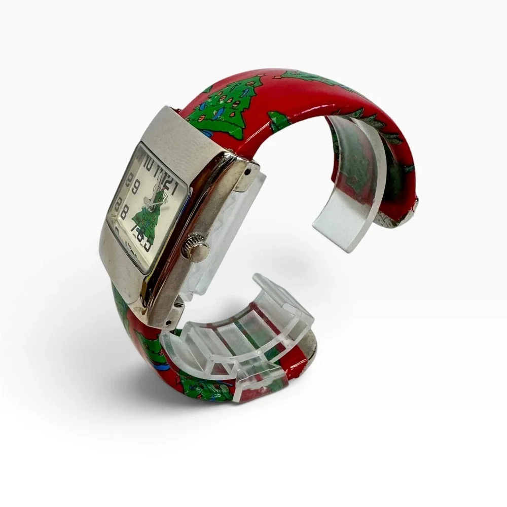Geneva Christmas Tree Cuff Watch OS Red Holiday Festive Quartz
